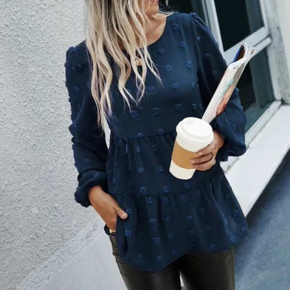 Classic Navy Blue Swiss Dot Ruffle Top Minimalist - Picture 2 of 12